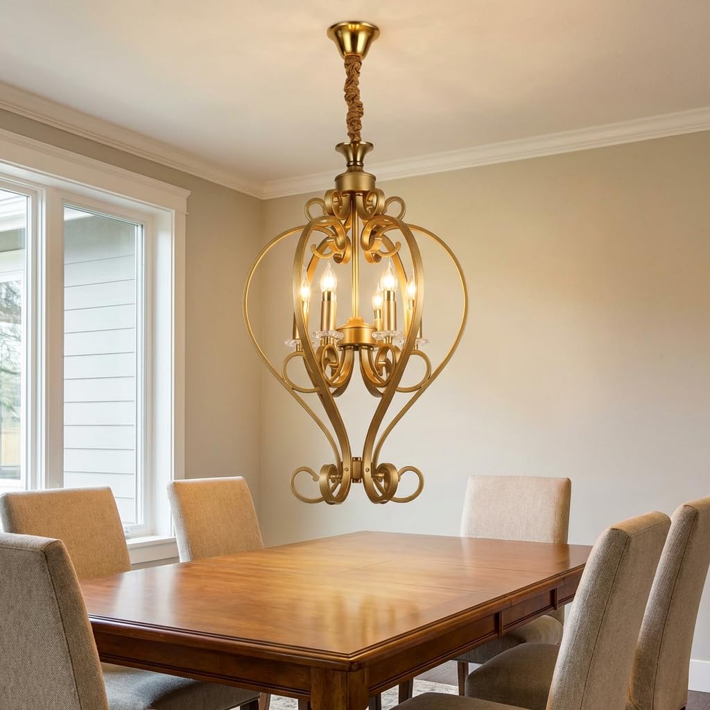 5-Light Pendant Chandelier | 3-Color CCT (Warm + Natural + Cold White) | Antique Gold Scrollwork Metal Frame | Ceiling Hanging Light for Living Room Dining Hall-image-35