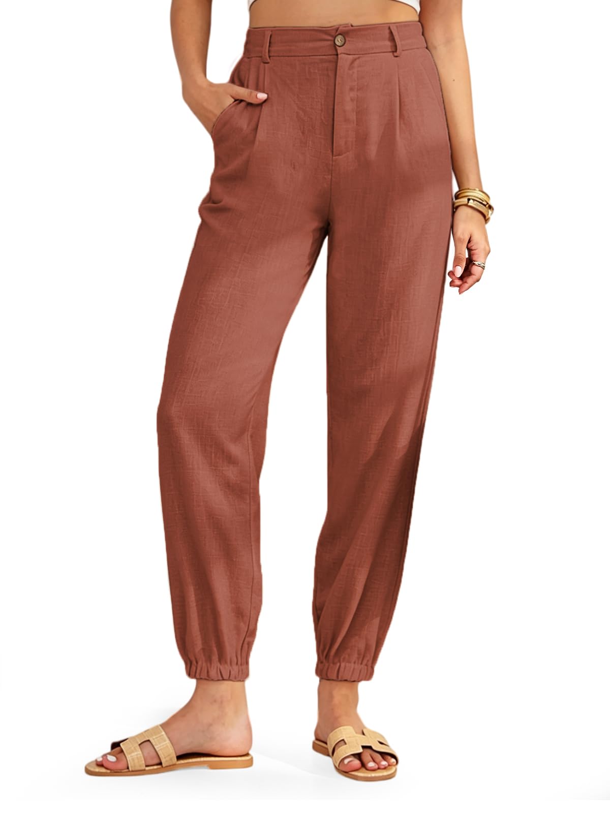Leinenhose Damen Sommerhosen Damen Leicht und Luftig Musselin Hose Elastischer Bund Strandhose Elegante Sommerhose Freizeithose mit Reißverschluss und 2 Taschen für Tägliche Freizeit Büroarbeit Reisen