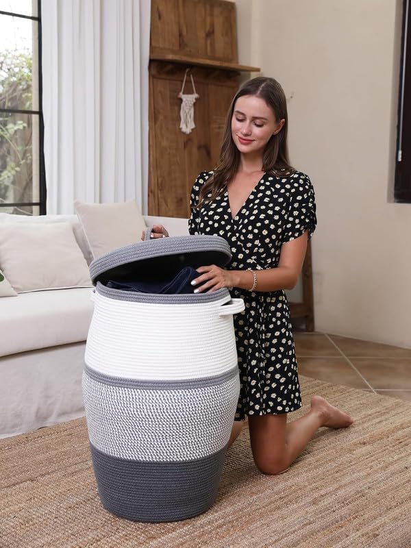 Image of Storage Cotton Rope Basket and Laundry Hamper for Dirty Clothes, Towels, Blankets, Pillows Storage in Living Room, Laundry Room and Bedroom (White & Dark Grey Mix With Lid, 14x16 Inch)
