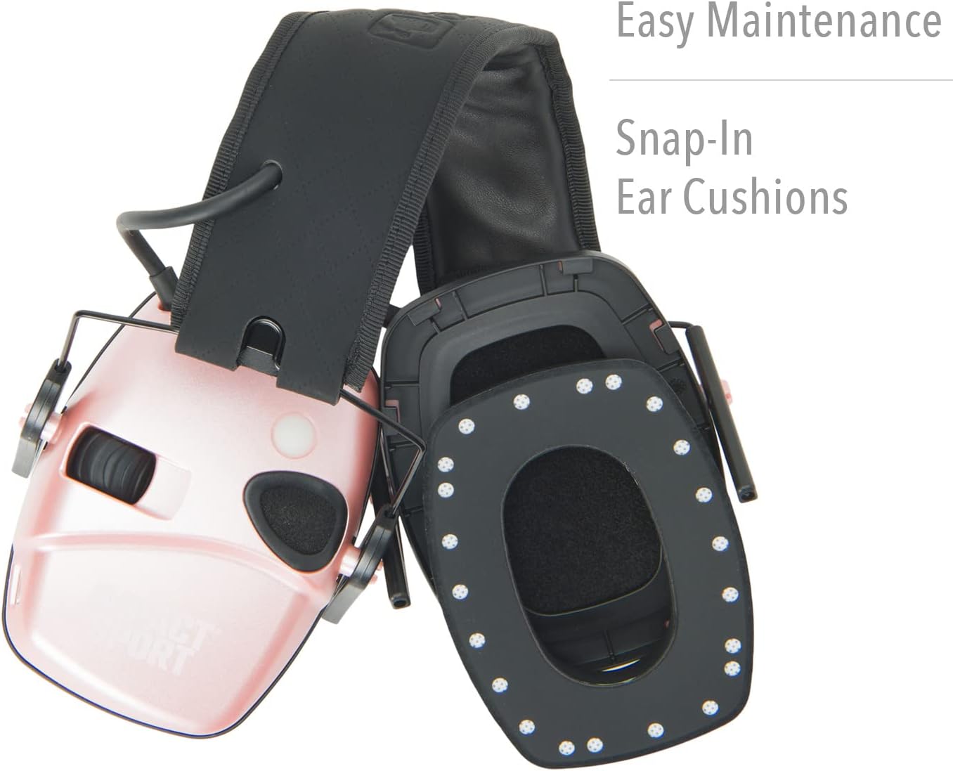 Earmuffs with one ear cushion detached, showing snap-in mechanism