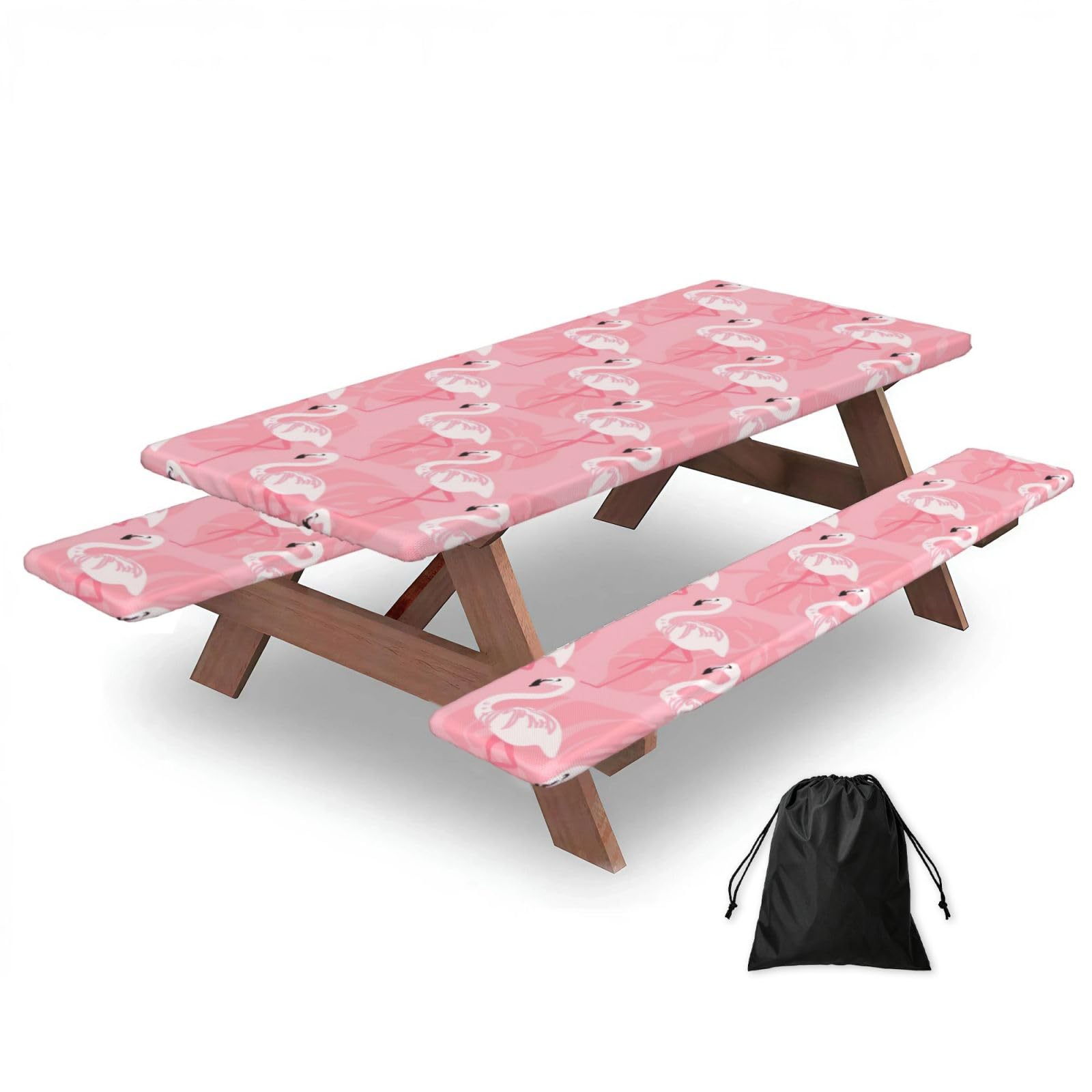 Summer Flamingo Palm Leaves Print 183cm Picnic Table Cover With Bench Covers, Waterproof Elastic Tablecloth Set For Outdoor