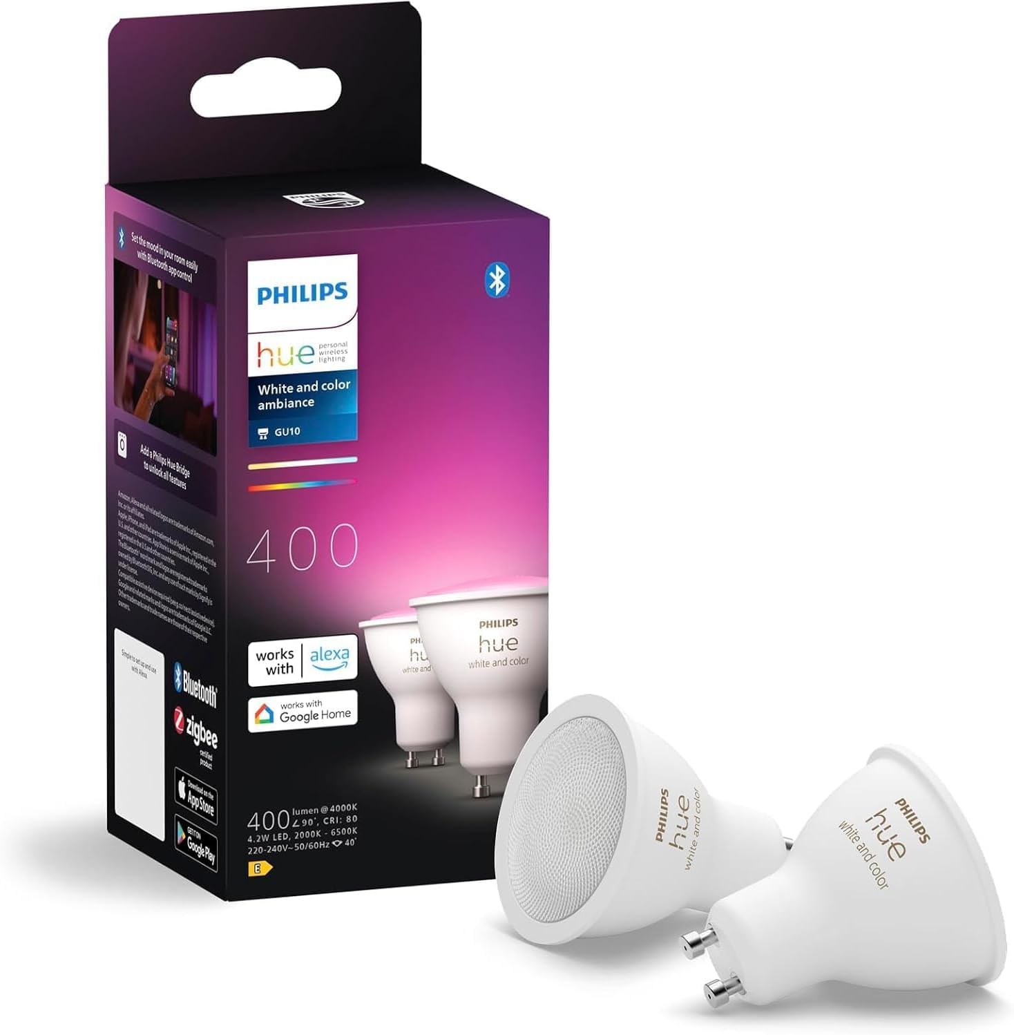 Philips Hue Faretto Smart GU10, Luce Bianca e Colorata (2 pezzi), 400lm, Compatibile con Bluetooth, Controllo vocale con Alexa, Apple Home e Google Assistant