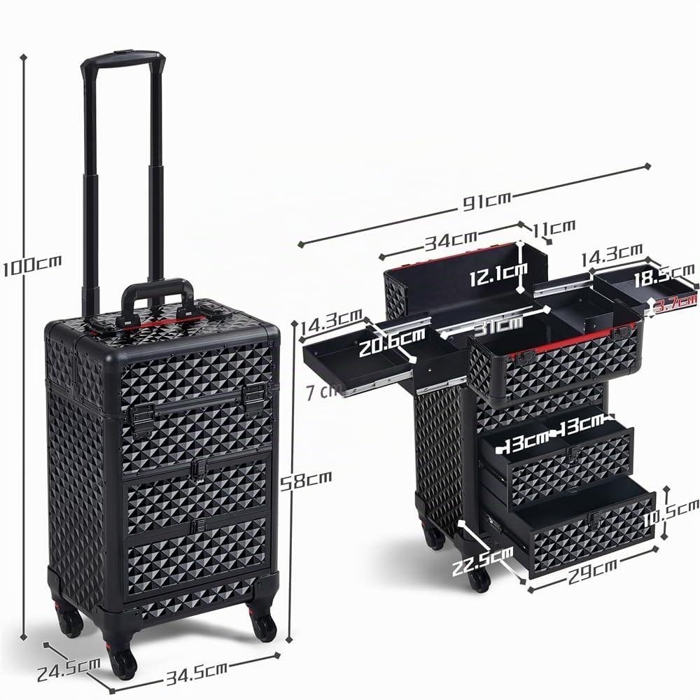 Yaheetech Valigetta Trucchi Trolley Make Up Valigia con 2 Cassetti Ruote Girevoli 360° Beauty Case da Viaggio Rigido Per Estetista Professionale 34,5×24,5×58 cm Nero