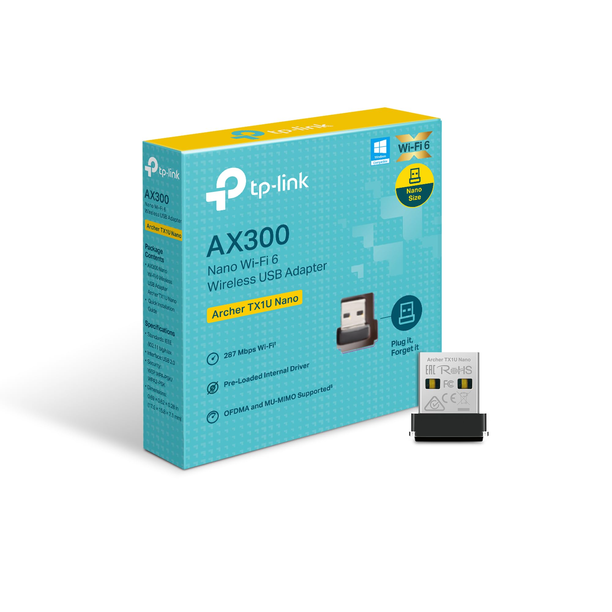 TP-Link AX300 Wi-Fi 6 USB Adapter for PC (Archer TX1U Nano) – Ultra-Compact, Plug-and-Play, MU-MIMO & OFDMA Support, Pre-Loaded Driver, 287 Mbps on 2.4 GHz