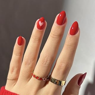 Red Artificial Nails with Heart Design Short Oval Nail Set for Women Easy to Apply Long Lasting and Reusable for Valentine’s Day and Daily Wear