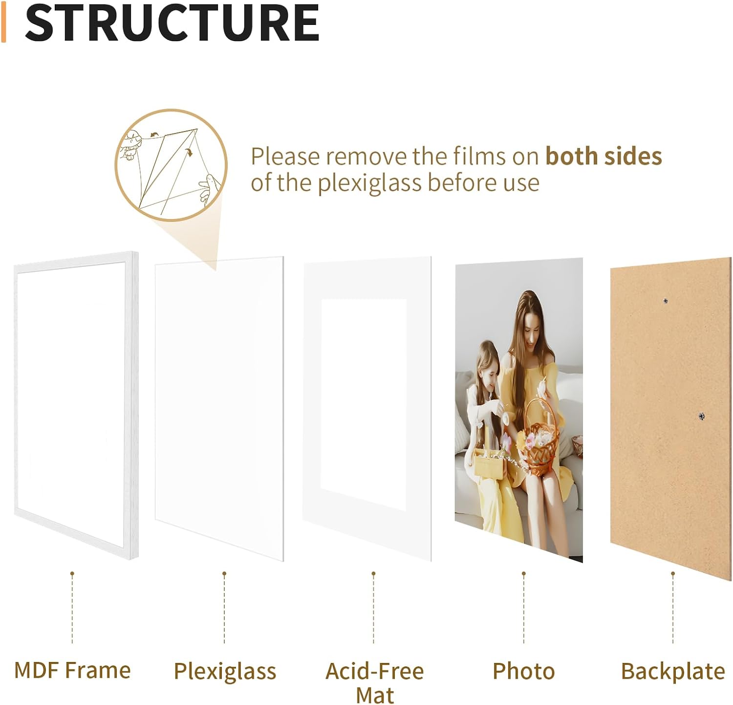 11x14 Picture Frame Set of 4, Displays 8x10 with Mat or 11x14 Without Mat, Photo Frames for Wall Hanging or Tabletop, Includes HD Plexiglass, White - Image 3