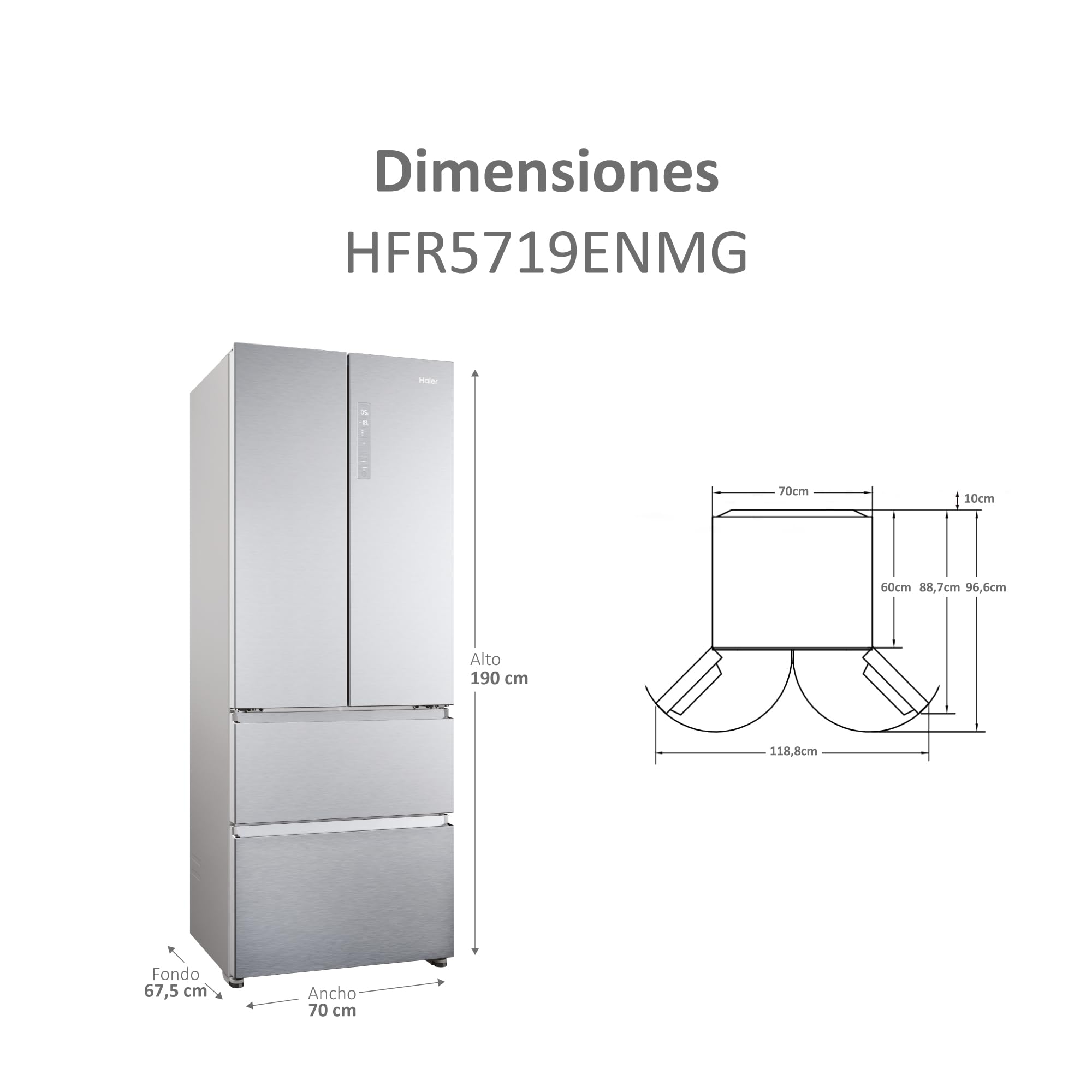 HAIER FD 70 Series 5 HFR5719ENMG - Frigorífico Puerta Francesa, Cajones Direct Access, Circular AirFlow, Motor Inverter, My Zone Plus, Total No Frost, Ancho 70cm, Alto 1,90m, 446L, Luz LED, Inox