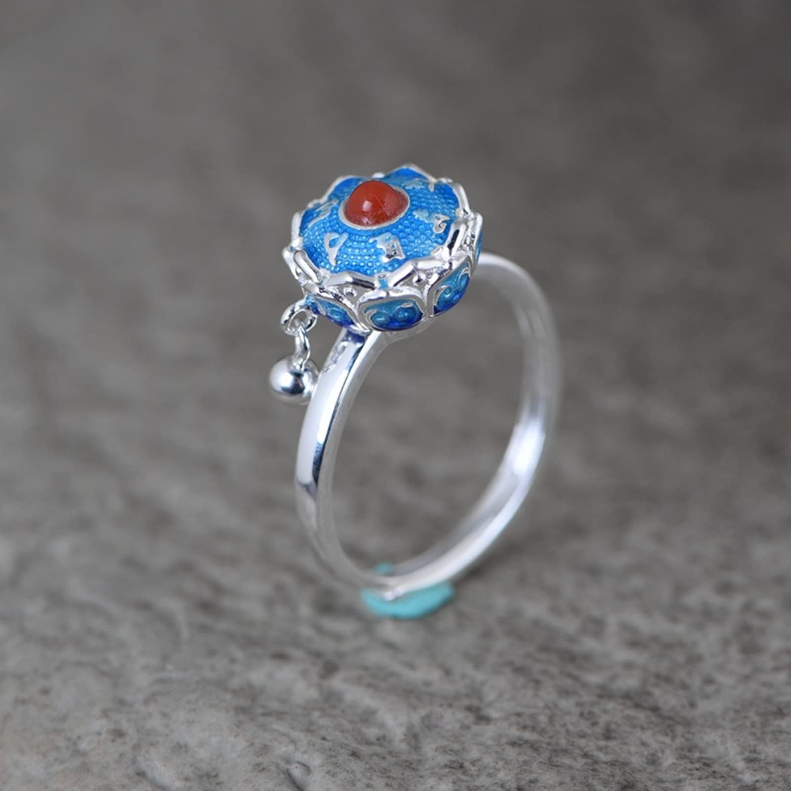 Ringe Frauen Silber 925, 925 Sterling Silber Mantra-Glocke aus Emaille Ringe für DamenSilber Blau, Größe Einstellbar
