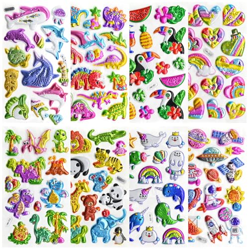 104 PCS 3D Glitter Stickers for Kids – 8 Sheets Sparkly Puffy Animal Stickers, Reusable Waterproof Stickers for Crafts, Scrapbooks, Notebooks,...
