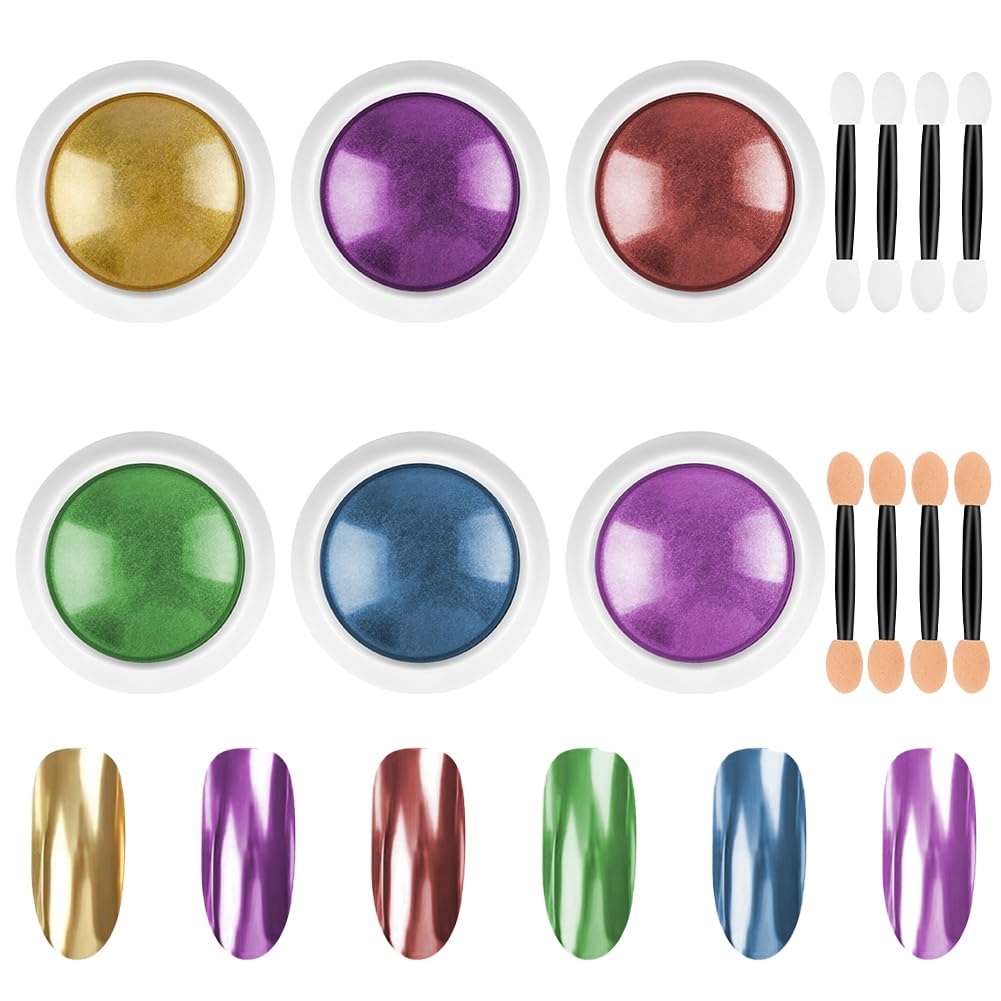 LOPHE Chrome Nail Powder, 6 Farben Gold Chrom Nagelpulver, Aurora Pigment Nagel Pulver mit Spiegeleffekt, Nail Art Powder für DIY-Salon(C)
