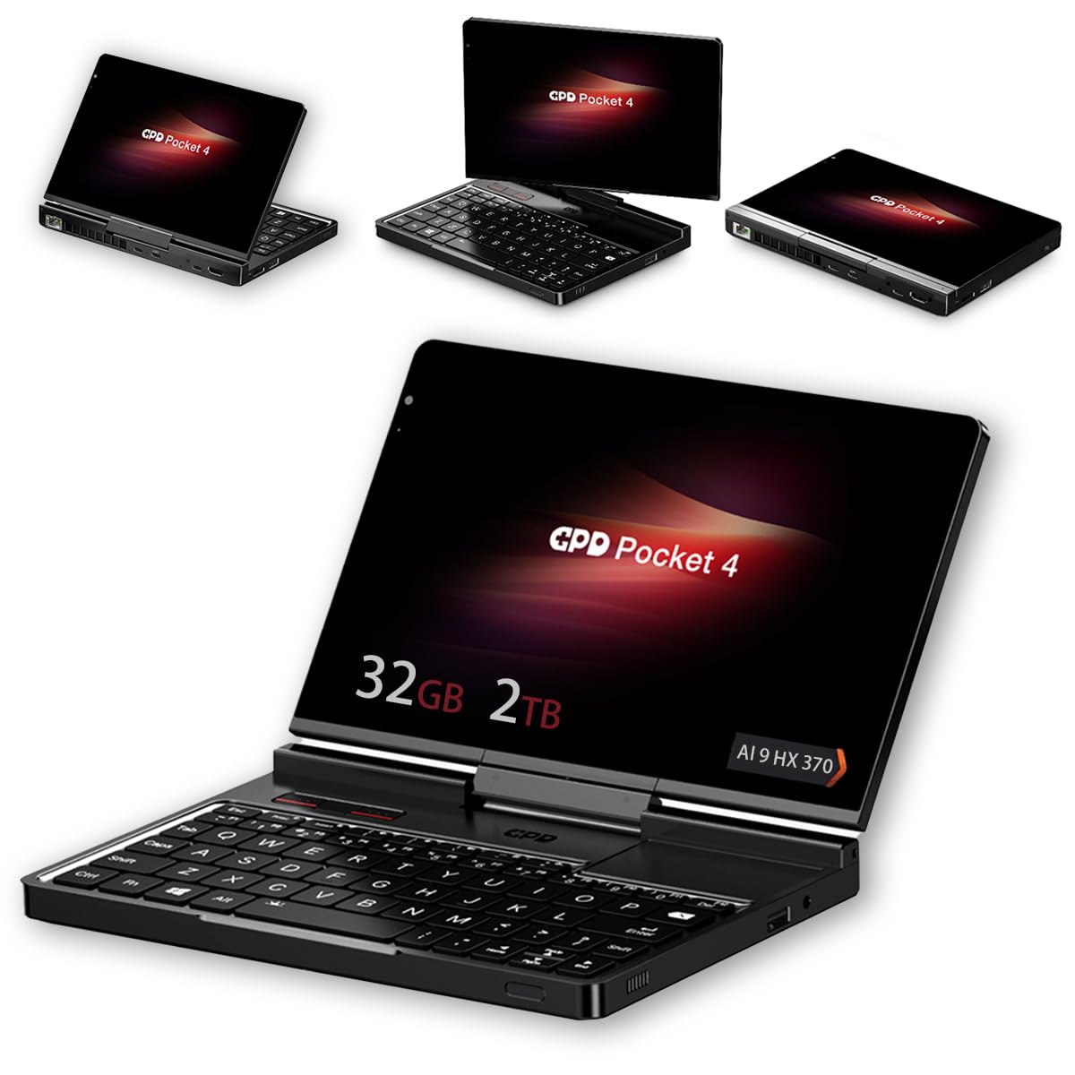 GPD Pocket 4 Mini Laptop 8.8" 2.5K 144Hz Touchscreen con AMD Ryzen AI 9 HX 370 (32GB LPDDR5X | 2TB SSD) Wi-Fi 6E, Bluetooth 5.3, PC palmare modulare AI, per giocatori/sviluppatori/professionisti