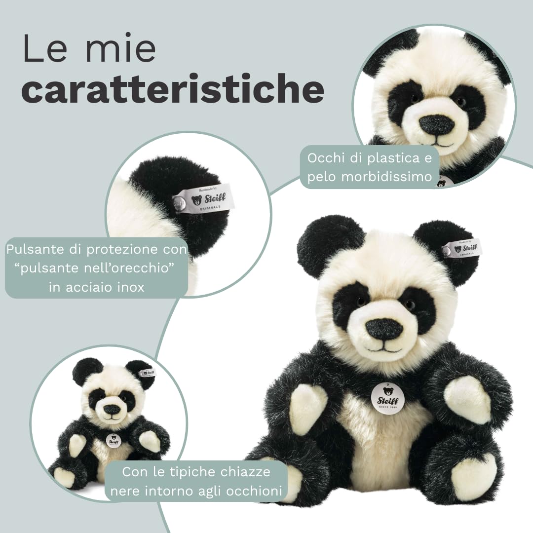 Steiff Peluche Panda Manschli, dolce animale di stoffa con occhi in plastica per bambini e bambine, pupazzo di 24 cm, bianco, 060021