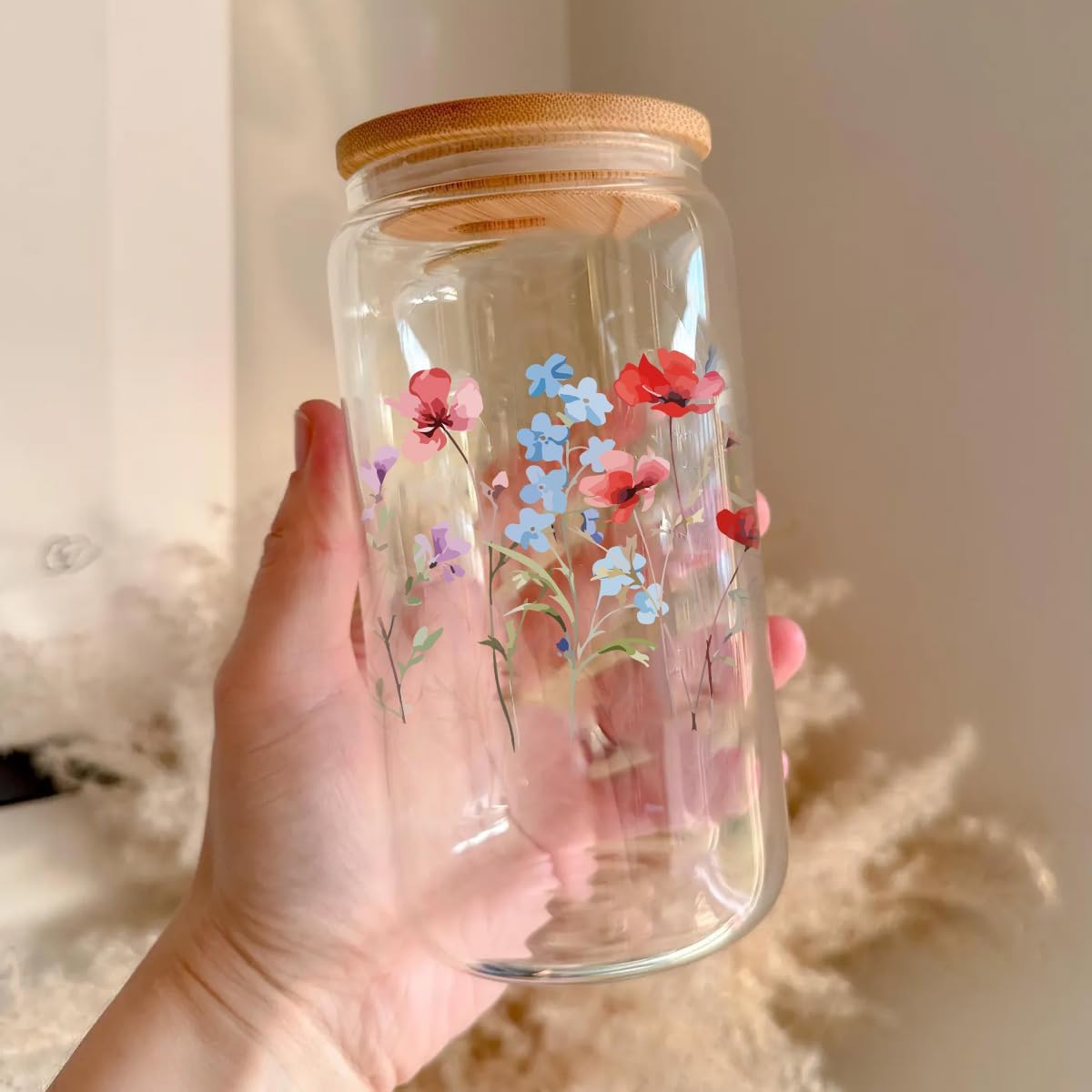 Flower Aesthetic Cups, 16oz Cute Glass Cups With Lids And Straws, Aesthetic Iced Coffee Cup, Flower Glass Cup Gifts For Women, Floral Glass Cup, Gifts For Her Women Mom Birthday - Image 6