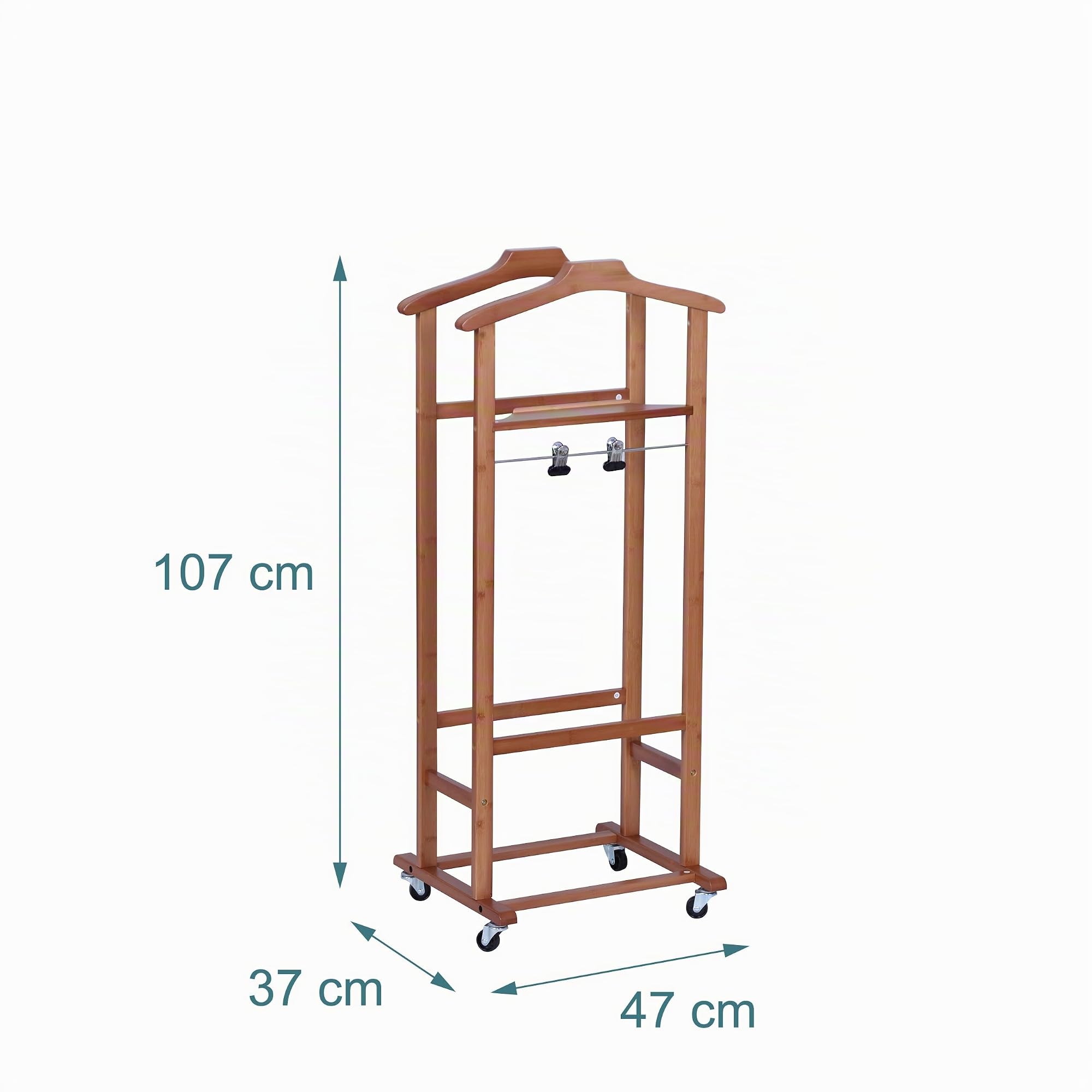 Relaxdays Valet sur roulettes en Bambou Premium, Porte-vêtements Chambre, H 107 x L 47 x P 37 cm, Brun