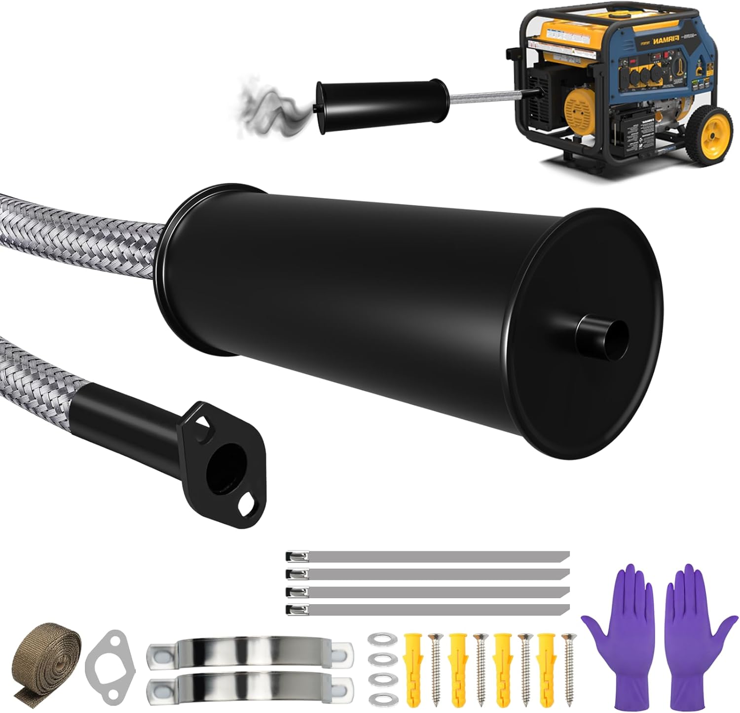 Generator Exhaust Extension Silencer Kit, Generator Muffler Generator Exhaust Hose - Reduce Noise by 40% BLACK&SILVERY