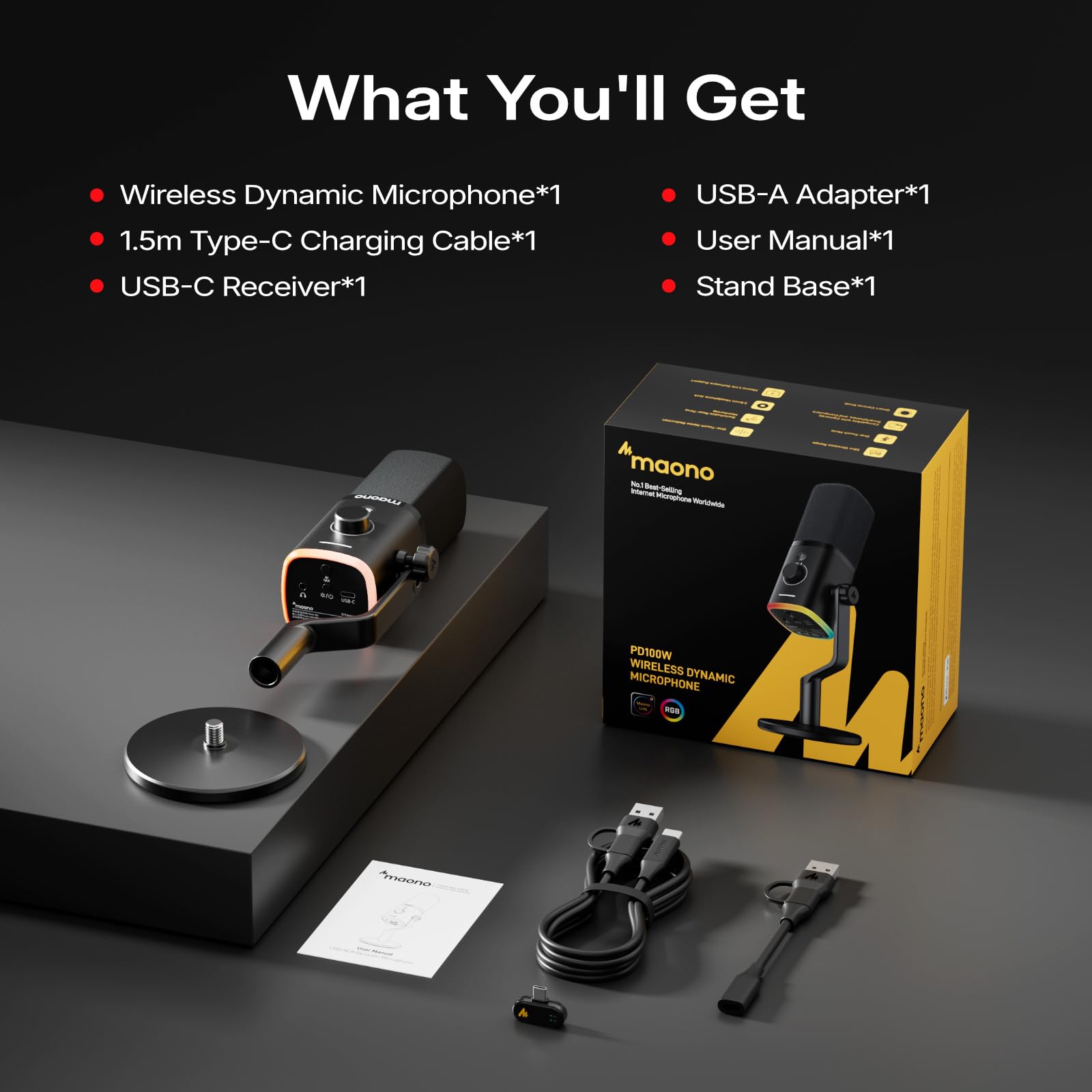 MAONO Kabelloses dynamisches Mikrofon mit USB-C, kabelloser und kabelgebundener Dualmodus, 7-lagige Rauschunterdrückung, PC-Tischmikrofon mit RGB, für Gaming/Streaming/Meetings, PD100W Schwarz