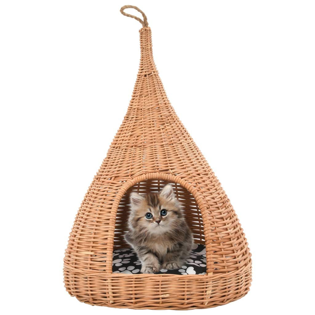 Katzenhaus aus Naturweide, Katzenhöhle Tipi-Design 40x60 cm, handgemachter Katzenkorb zum Aufhängen mit Kissen, Kuschelhöhle für Kätzchen und kleine Katzen
