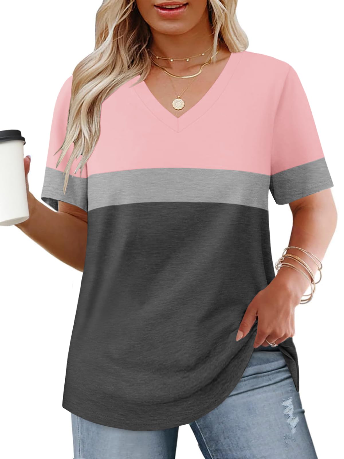VOGRACE Womens-Plus-Size-Tops Summer Short Sleeve Casual V Neck Tunics Trendy Color Block Fashion T Shirts