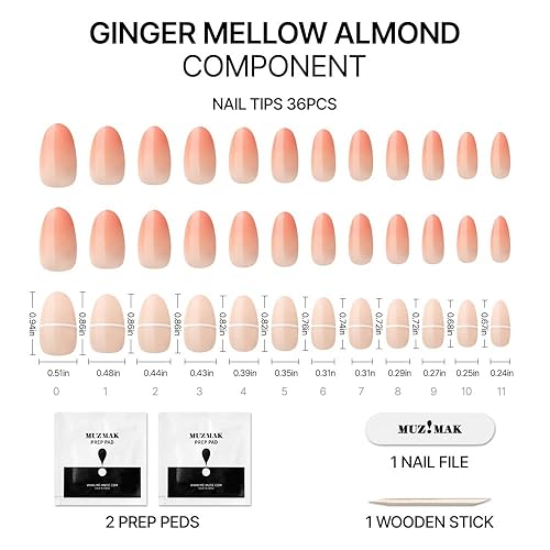 Miniatura 5 de MUZMAK Uñas postizas reutilizables a presión medianas de almendra (Ginger Mellow), 36 piezas, kit de uñas postizas, diario, cita, oficina, pegamento