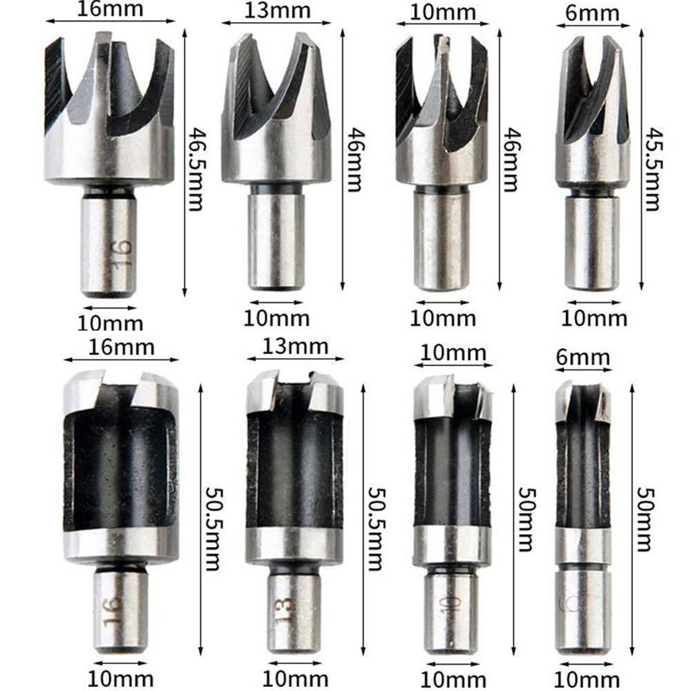 8pcs Wood Plug Cutter Drill Bits Straight and Tapered Taper Woodworking Hole Saw Cutting Tool Carbon Steel Taper Claw Type Wood Plug Cutter Set 5/8" 1/2" 3/8" 1/4 "(6mm 10mm 13mm 16mm)