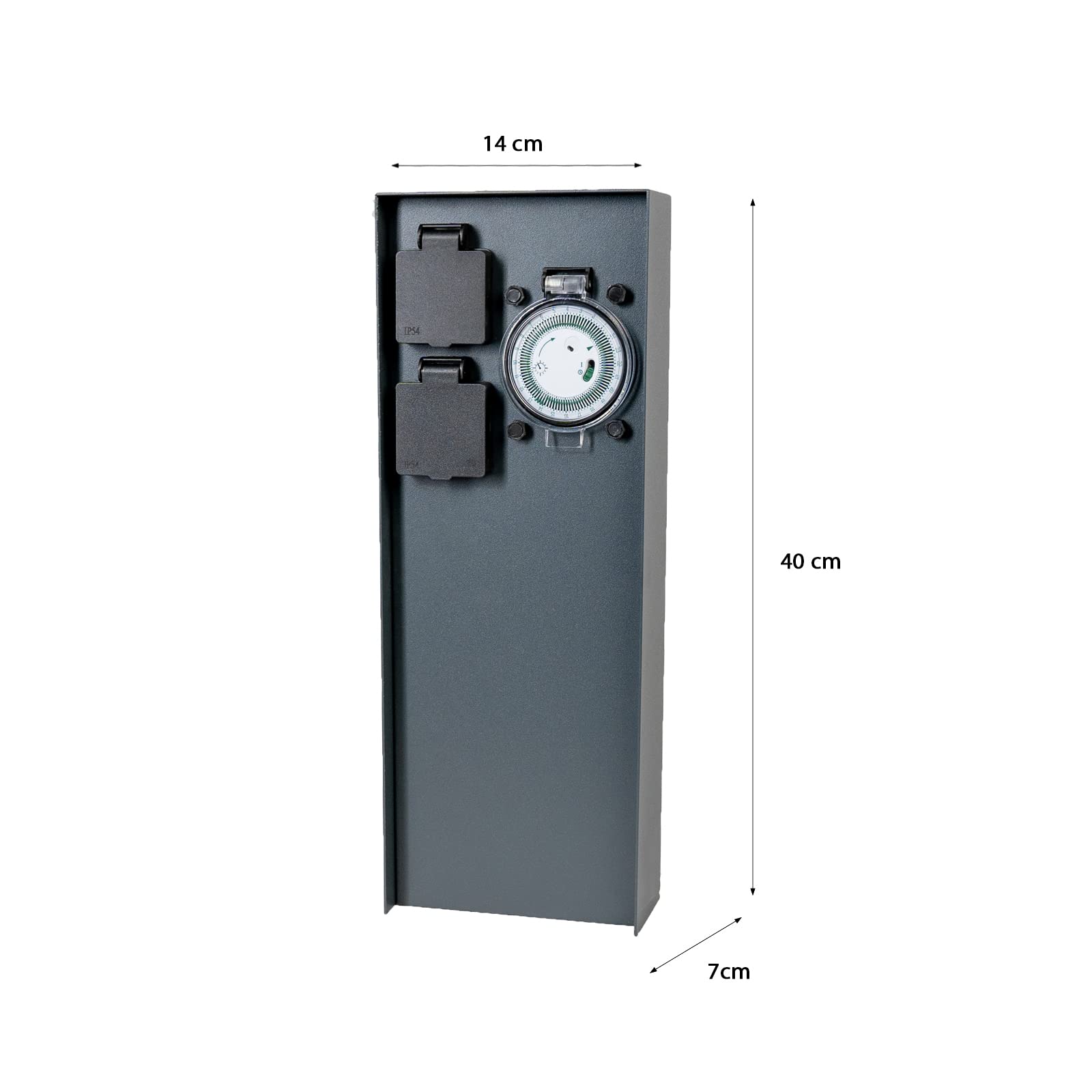 Grafner Edelstahl Design Gartensteckdose mit Zeitschaltuhr 2 Steckdosen, anthrazit, ON/AUTO, 3600 Watt, Pulverbeschichtung, Energiesäule Timer Mehrfach Metall Außen Steckdose 2-Fach schwarz lackiert