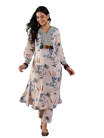 Kurta Set For Women - Off White Rayon Botanical Printed With Mirror Work Embroidered Kurta Wih Pant set