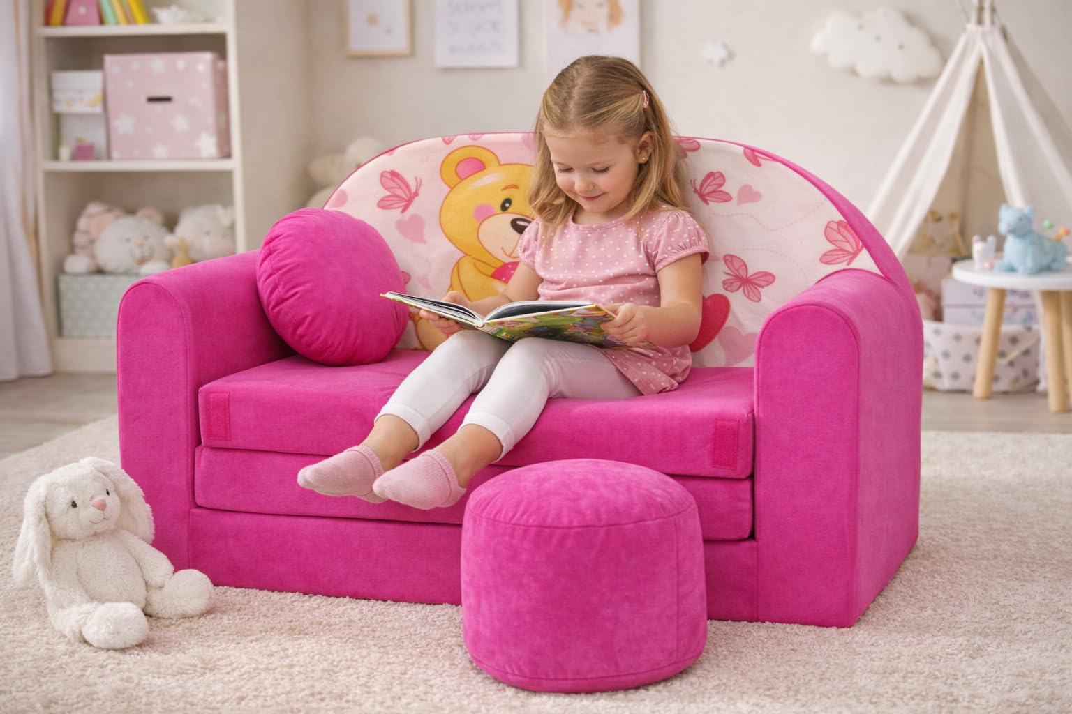 umwandelbares Kindersofa – perfekt zum Spielen und Schlafen – mit Abnehmbarer Matratze, Kissen und Pouf – 98x168x59 cm – leicht und einfach zusammenklappbar - H3 Rosa - Teddybär mit Herz