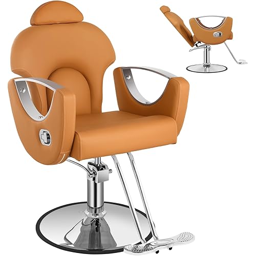 Salon Barber Chair, Reclining Salon Chair for Hair Stylist, Hair Stylist Chair with Heavy Duty Hydraulic Pump, 360 Degrees Swivel Styling Braiding Hairdresser Chairs for Home Barbershop, Brown