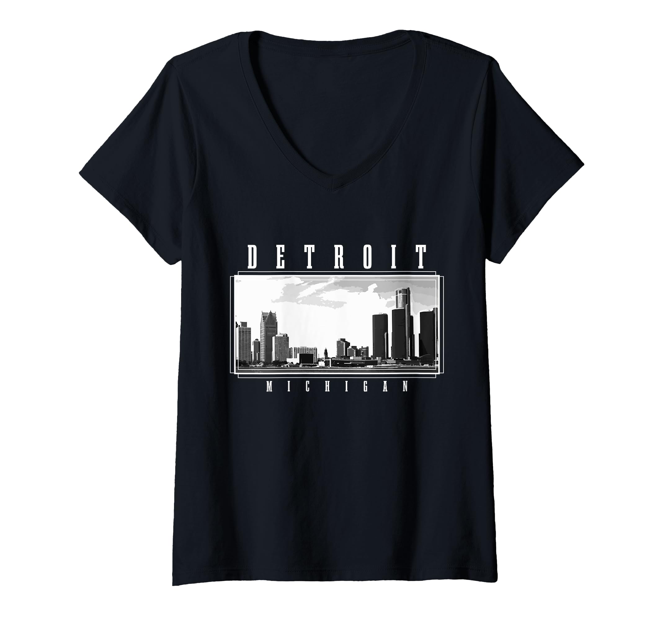 Womens Detroit Skyline Michigan Pride Vintage Detroit V-Neck T-Shirt, Black