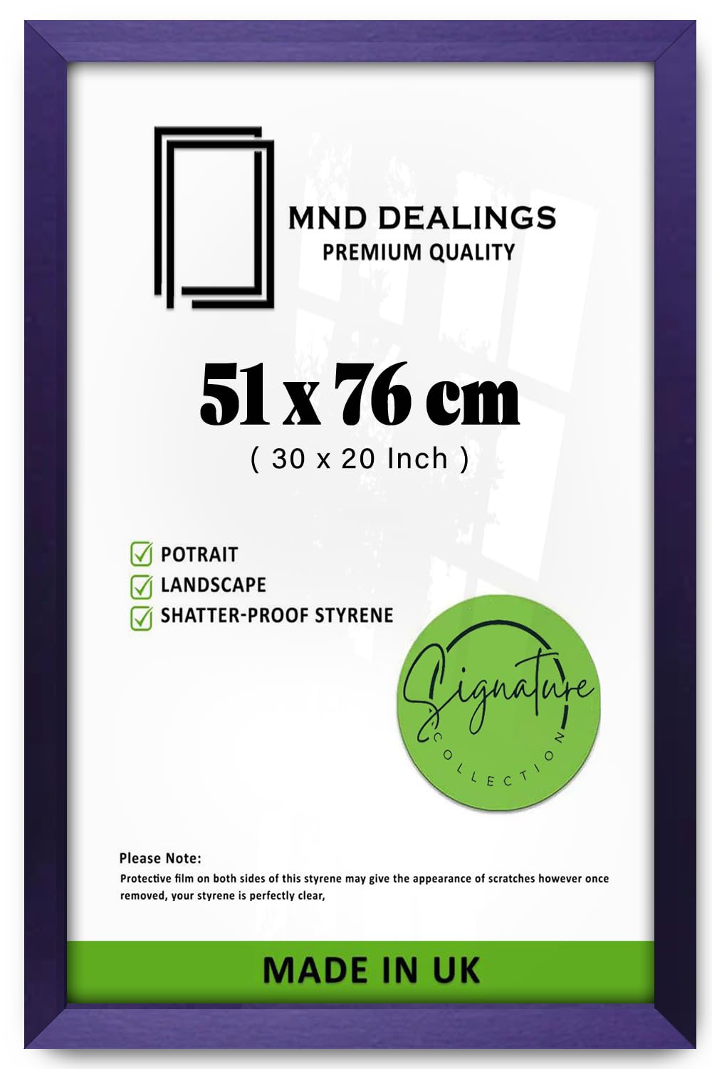MND Dealings | Classic Wood Poster Frame (51 x 76 CM) Ideal for Art & Home Décor, Wall Gallery & Gifts, Sturdy MDF Build, Easy Hanging Hooks for Portrait & Landscape [ Purple ]