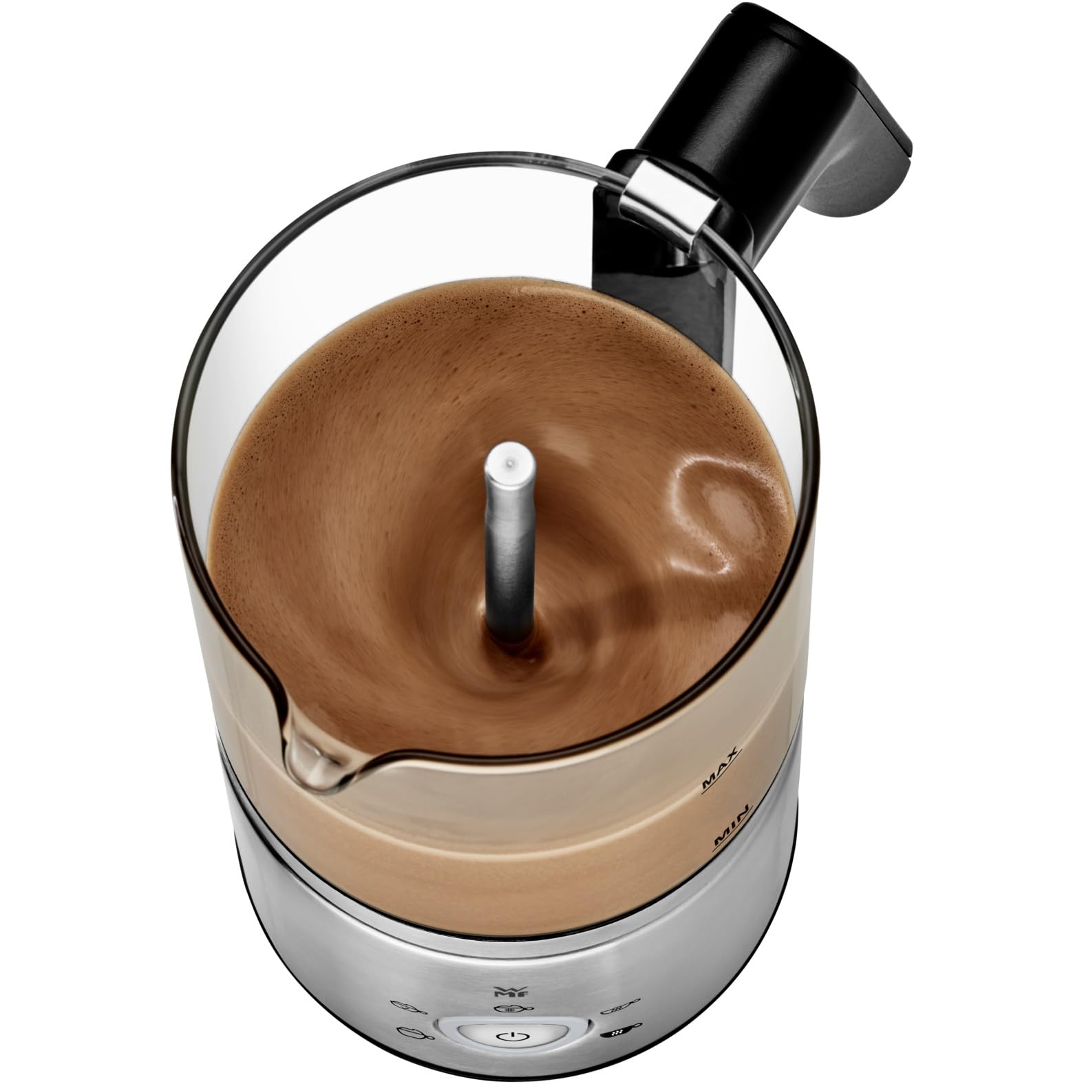 WMF Lono - Espumador de leche de cristal eléctrico, 150-250 ml, 650 W, batidora de frape, pantalla táctil, para espuma de leche caliente y fría, leche caliente, calentador de leche, cacao, chocolate