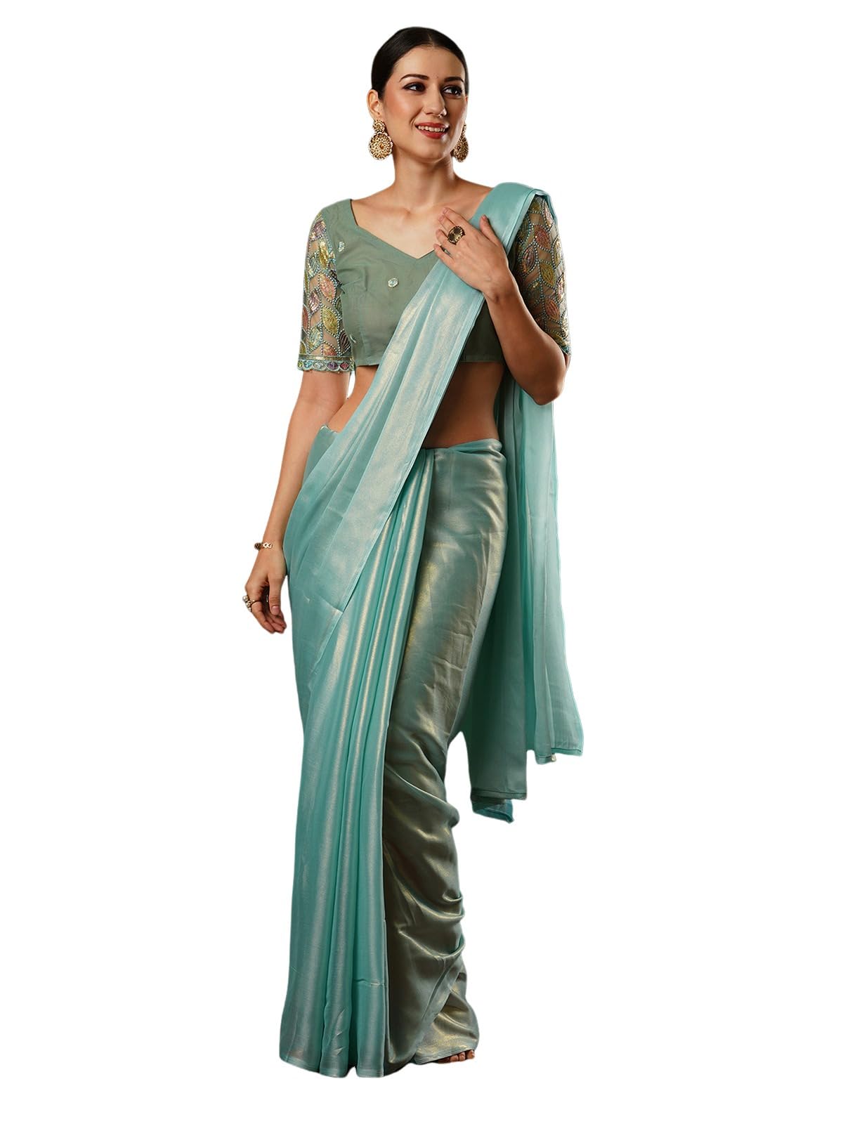 Satrani Women's Shimmer Georgette Dual Tone Saree With Unstitched Blouse Piece (3904S476N_Light Sky Blue)