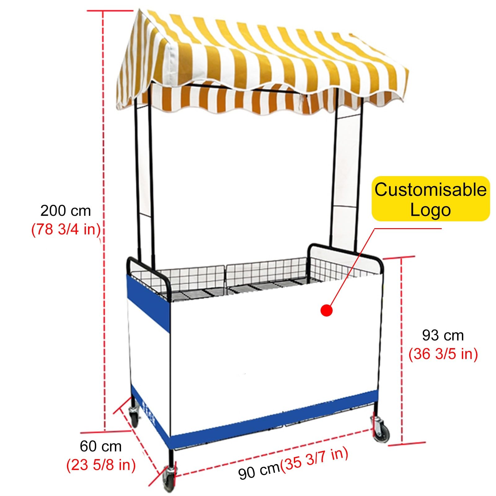 Carritos de Mercado, Carrito Plegable de Metal para Catering con toldo Amarillo y Blanco, Carrito portátil para vendedores de Comida, Puesto de Mercado al Aire Libre para Venta Ambulante, 90
