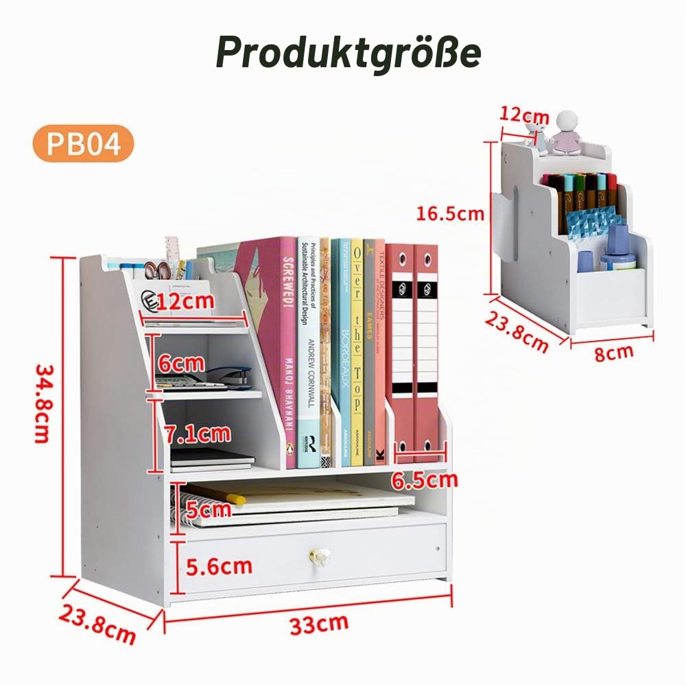 Schreibtisch-Organizer mit Stiftehalter und Schublade, Mehrzweck-Dokumentenablage, Schreibtischaufsatz, Aufbewahrungsregal, für Zuhause, Büro, Schule. Weiß (PB04)