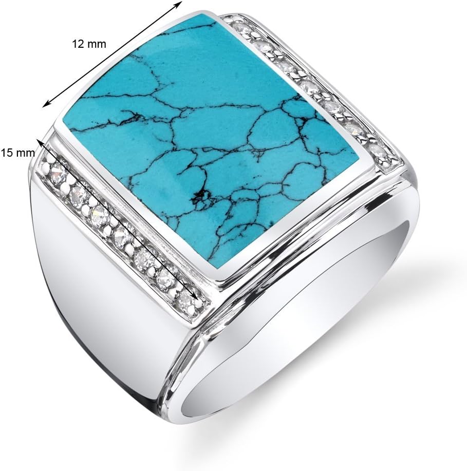 PEORA Men's Simulated Turquoise Aston Signet Ring Premium 925 Sterling Silver, Large 15x12mm Rectangular Shape, Size 8, Signet Pinky, Premium Men's Ring w/Jewelry Box, Gifts for Men