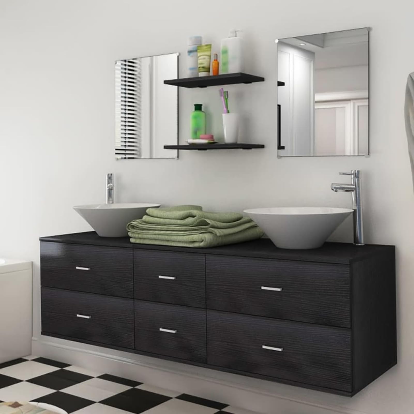 Zestaw mebli łazienkowych 150 cm czarny z 2 umywalkami ceramicznymi i armaturą | Szafka wisząca z 4 szufladami, ceramiczne umywalki nasadowe, chromowane mosiężne baterie z ceramicznym wkładem