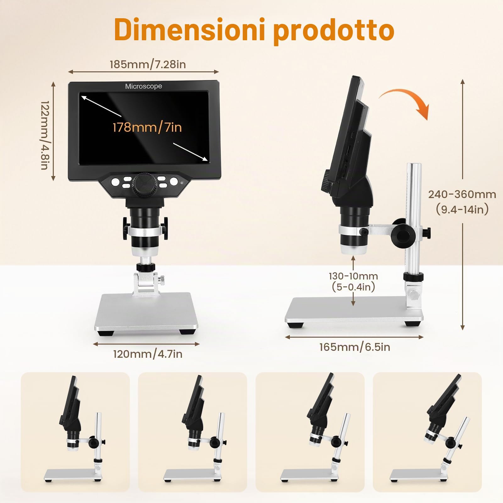 Microscopio digitale 7 pollici, G1200 LCD 3000 mAh USB, registrazione video FHD 1080P, risoluzione 1-1200X, 8 luci LED regolabili per adulti/bambini