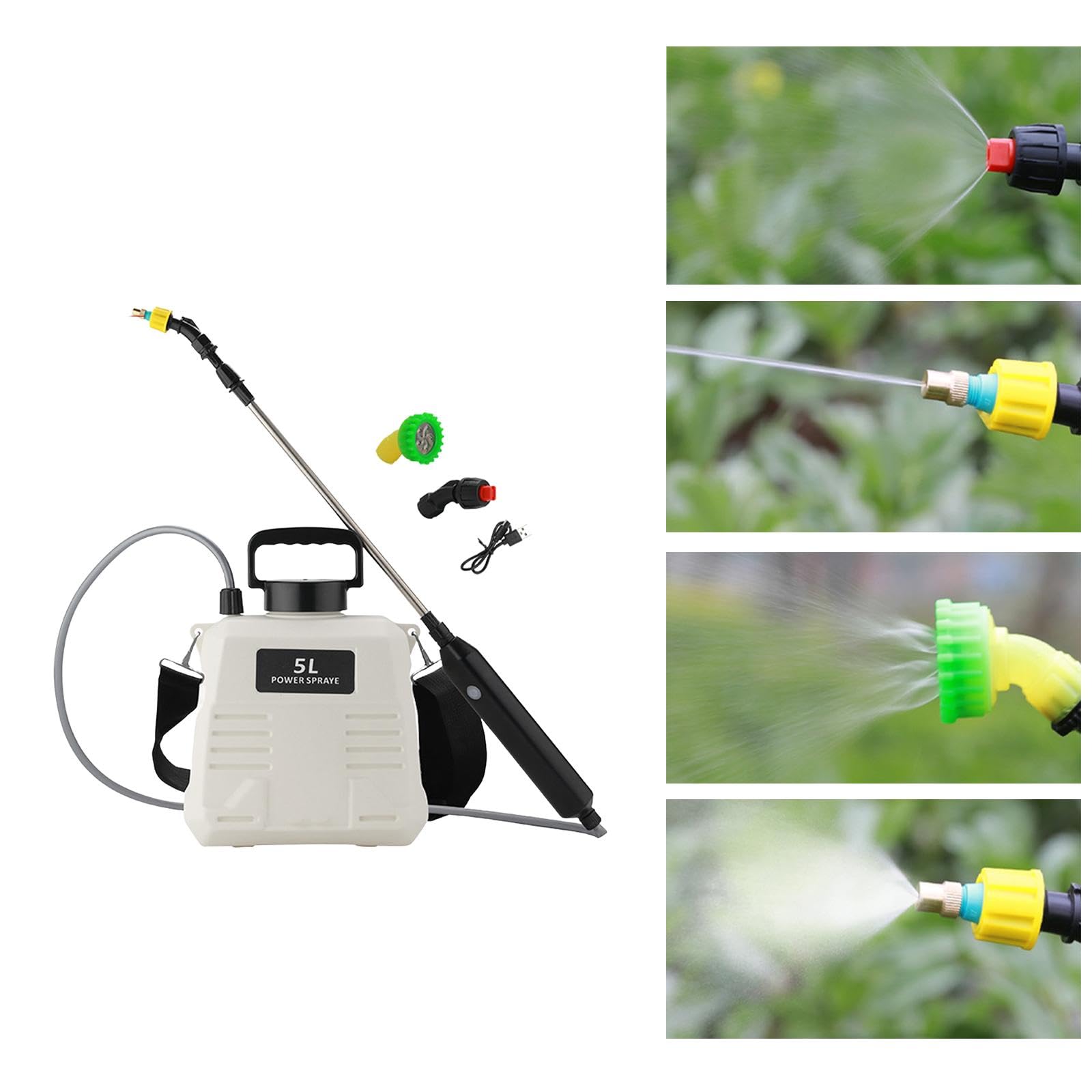 Pulverizador Eléctrico con 3 Boquillas de Niebla, Correa para El Hombro Y Varillas Telescópicas para Riego Exterior, 5L Blanco