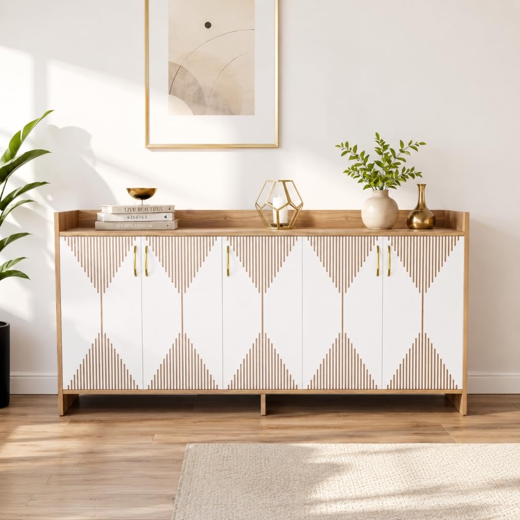 Spyder Craft Mid-Century Modern 5-Door Sideboard Buffet – Geometric Diamond Pattern Credenza with Gold Hardware & Tapered Legs – Large Wood Storage Cabinet for Living Room, Dining Room-picture-12
