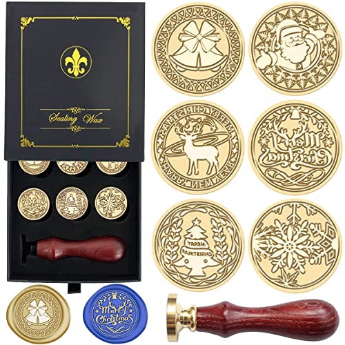 Christmas Wax Seal Stamp Hot Stamping Gift Box Set 6 Pcs Sealing Wax Stamps Copper Seals 1 Wooden Hilt Wax Stamp Kit for Cards Envelopes Gift Packaging (Christmas Series)