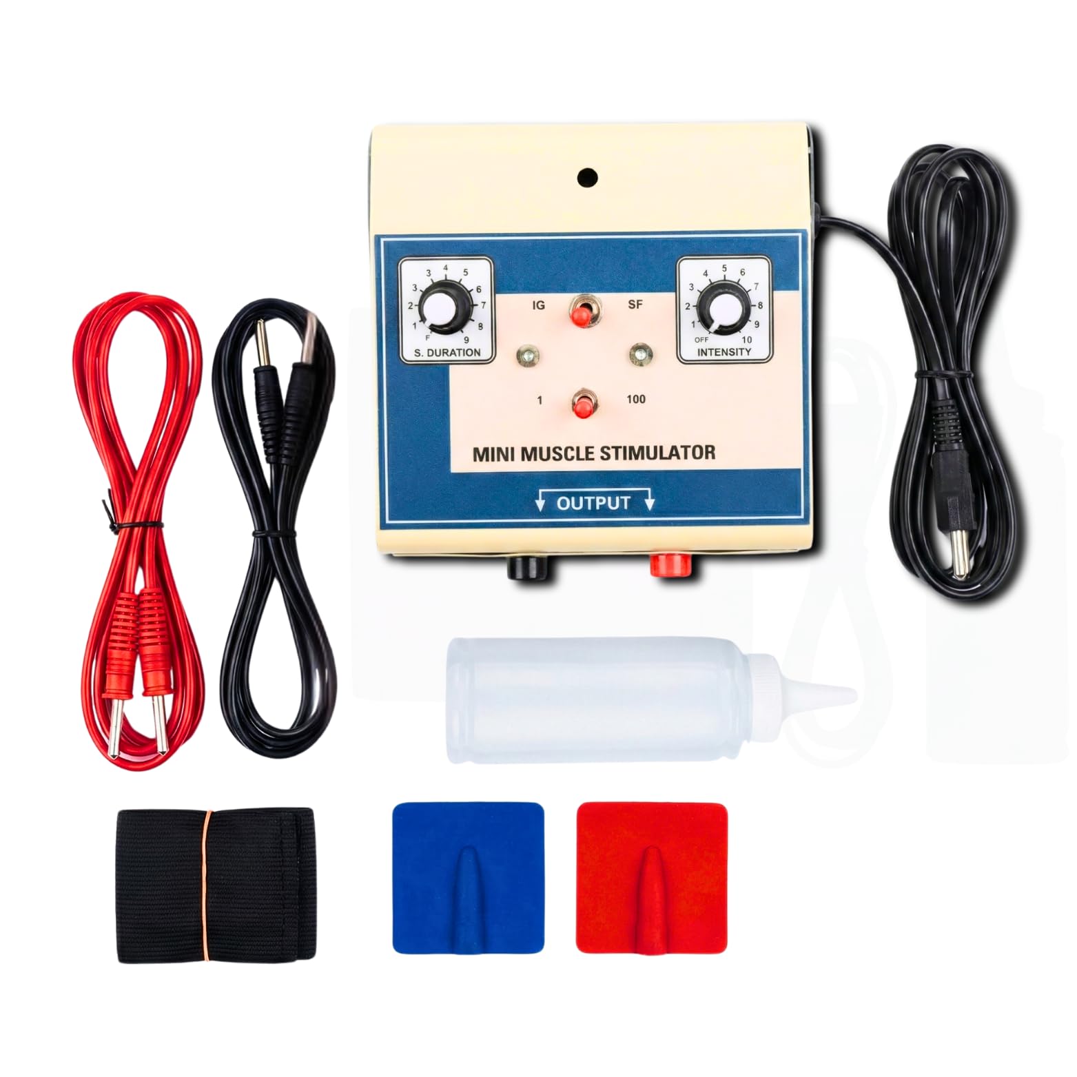 Mini Muscle Stimulator with Reusable Electrode Pads, Output Cables, Gel Bottle, Fixation Straps, 13cm x 13cm