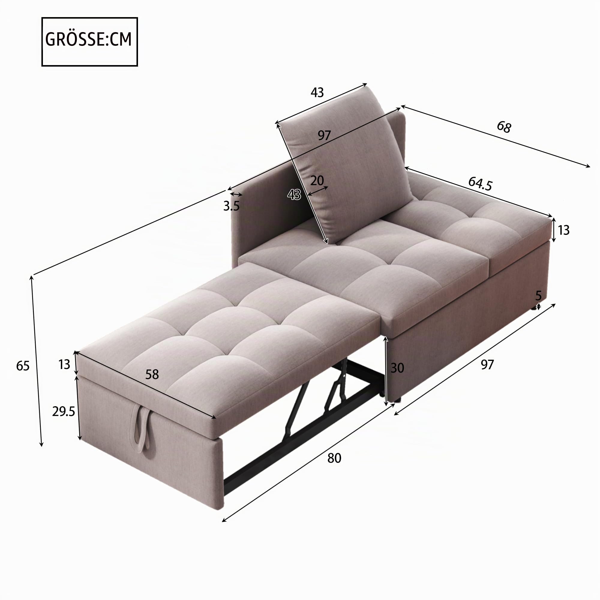 3-in-1-Schlafsofa mit Schlaffunktion, Klappsofa, Sofa Hocker, 5-Fach verstellbare Rückenlehne, Leinenstoffsofa, Schlafsessel für Wohnzimmer & Gästezimmer. (Grau A)