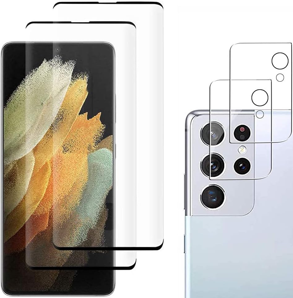 [2+2 Pack] Galaxy S21 Ultra Screen Protector Include 2 Pack Tempered Glass Screen Protector + 2 Pack Tempered Glass Camera Lens Protector,HD Clear,Bubble Free,Anti-Scratch for Galaxy S21 Ultra 5G