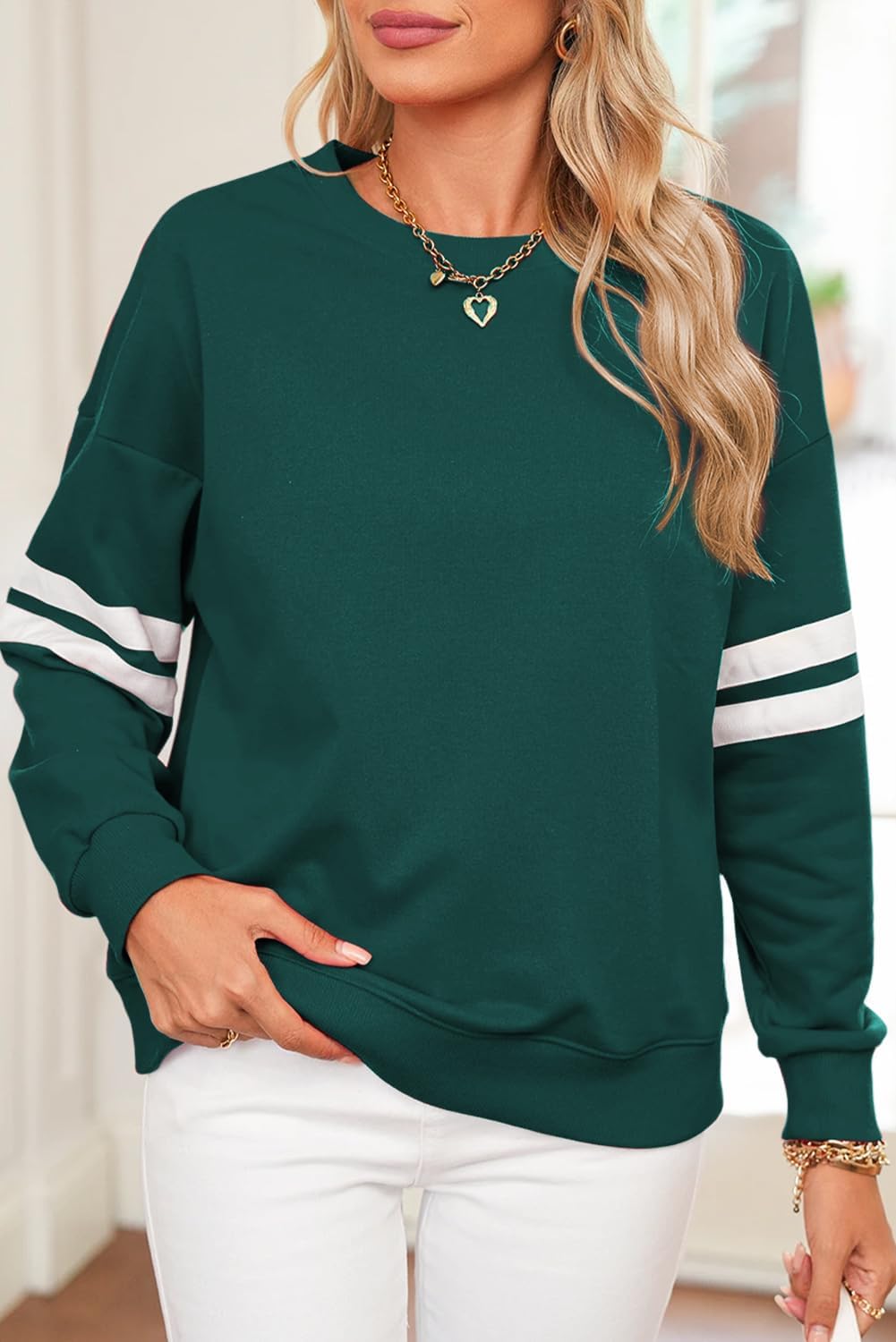 OCSTRADE Womens Pullover Sweatshirts Varsity Striped Long Sleeve Drop Shoulder Oversized Sweat Tops - Image 2