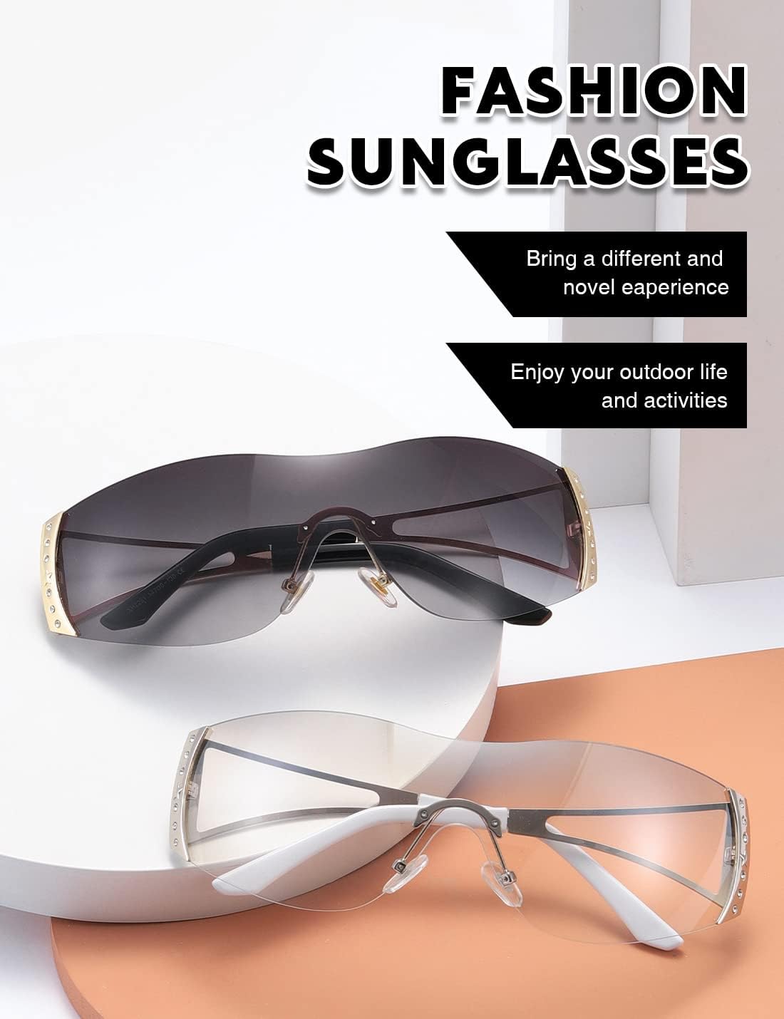 Y2K Sunglasses For Women Men Fashion Shield Rimless Wrap Around Sunglass Gradient Lens Trendy Oversize Sun Glasses