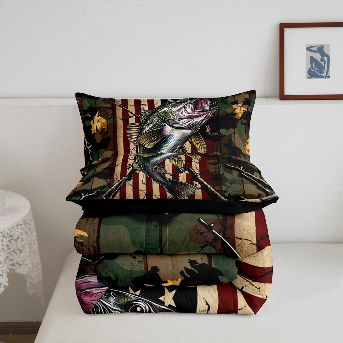 Feelyou Pike Fish Comforter Set Queen Size Fishing and Hunting Bedding Set for Boys Girls Teens Bedroom Decor American Flag Camo Comforter Set Farmhouse Duvet Set with 2 Pillow Case