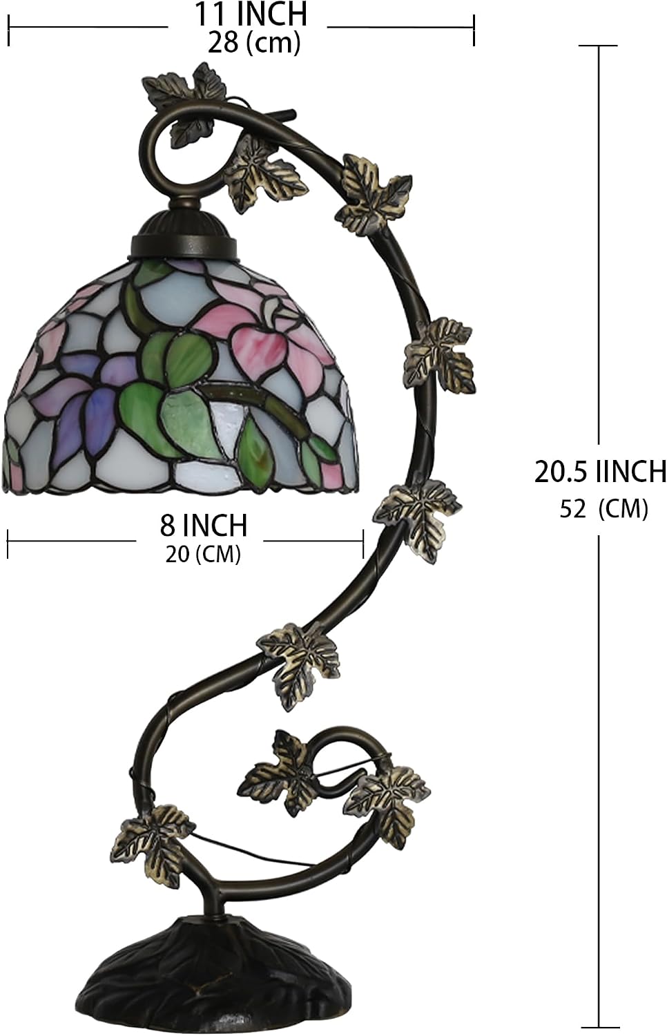 Tiffany Lamp Stained Glass Style Table Lamp 8 x 10 x 21” Pink Floral Bedside Reading Light with Arched Metal Leaf Base for Desk Bedroom Living Room Study
