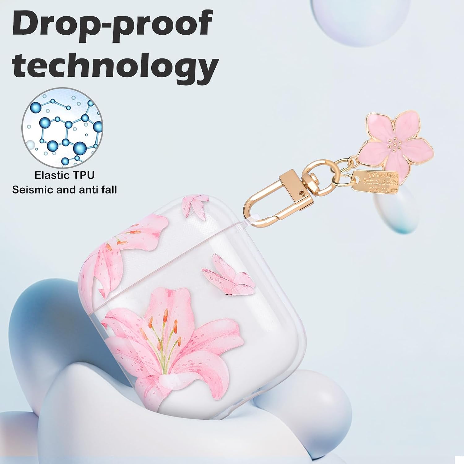 CameCosy Transparent Case Compatible for Airpods 1/2 Generation with Flower Pendant, Cute Cover with Pink Lily Flower Pattern for Women Girl, Protective Case in Shockproof Anti-scratches Anti-slip TPU