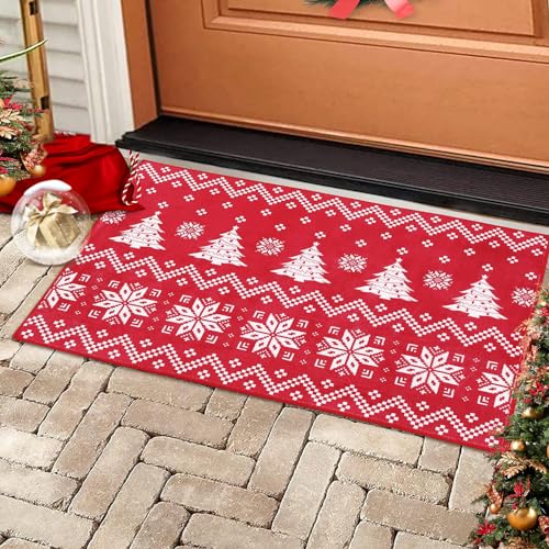 Boho Door Mat Christmas Area Rug Low-Pile Rug Non-Shedding Rugs Xmas Tree Bathroom Rug Bedroom Bedroom Area Rug, 2' x 3', Red/White