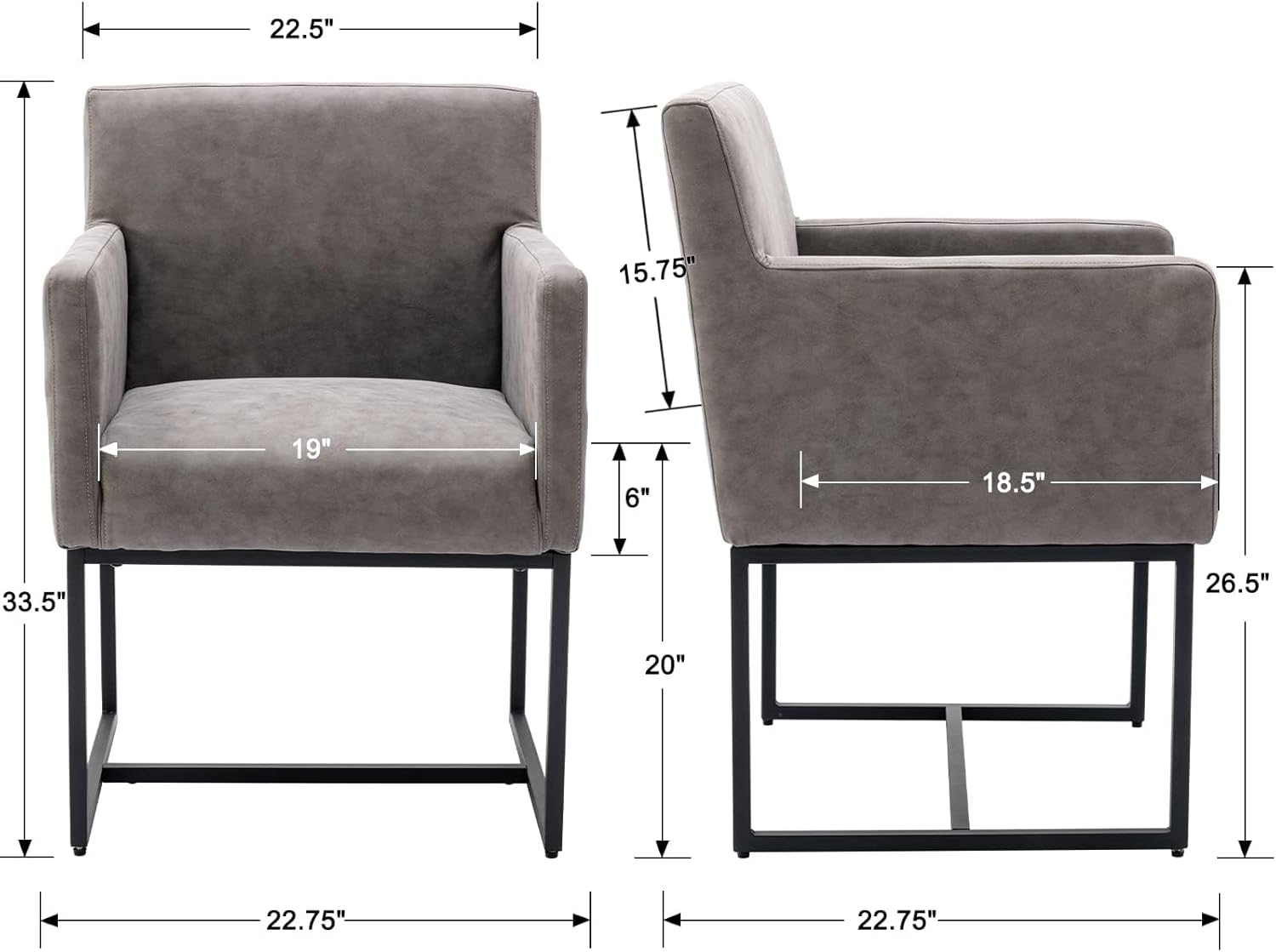 HNY Mid Century Modern Upholstered Dining Chairs with Arms Set of 4, Faux Leather Accent Chairs with Black Finish Metal Grey pu black Frame set of 4